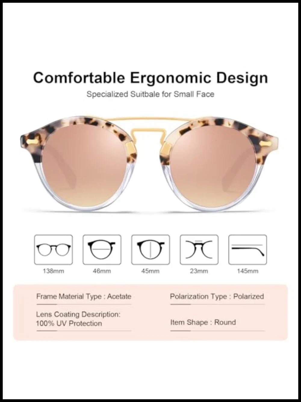 Small Face Acetate Double Bridge Polarized Sunglasses, Retro Metal Brow Eyewear